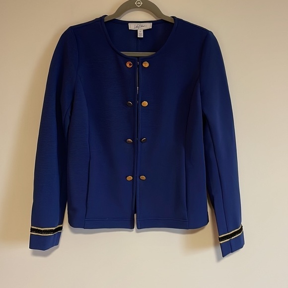 NEW Libby Edelman Captain Jacket Blue Gold Button Long Sleeve Ribbed Medium - Picture 2 of 14